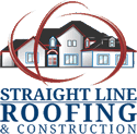 Straight Line Roofing & Construction Logo with houses and red swirls. Writing in blue.