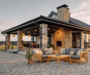 Outdoor living space that is covered by a roof that keeps the natural flow of the house design.