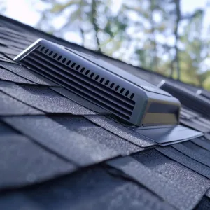 Attic vents on the outside of a shingle roof.