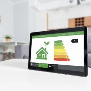 Tablet screen with images denoting home energy savings.