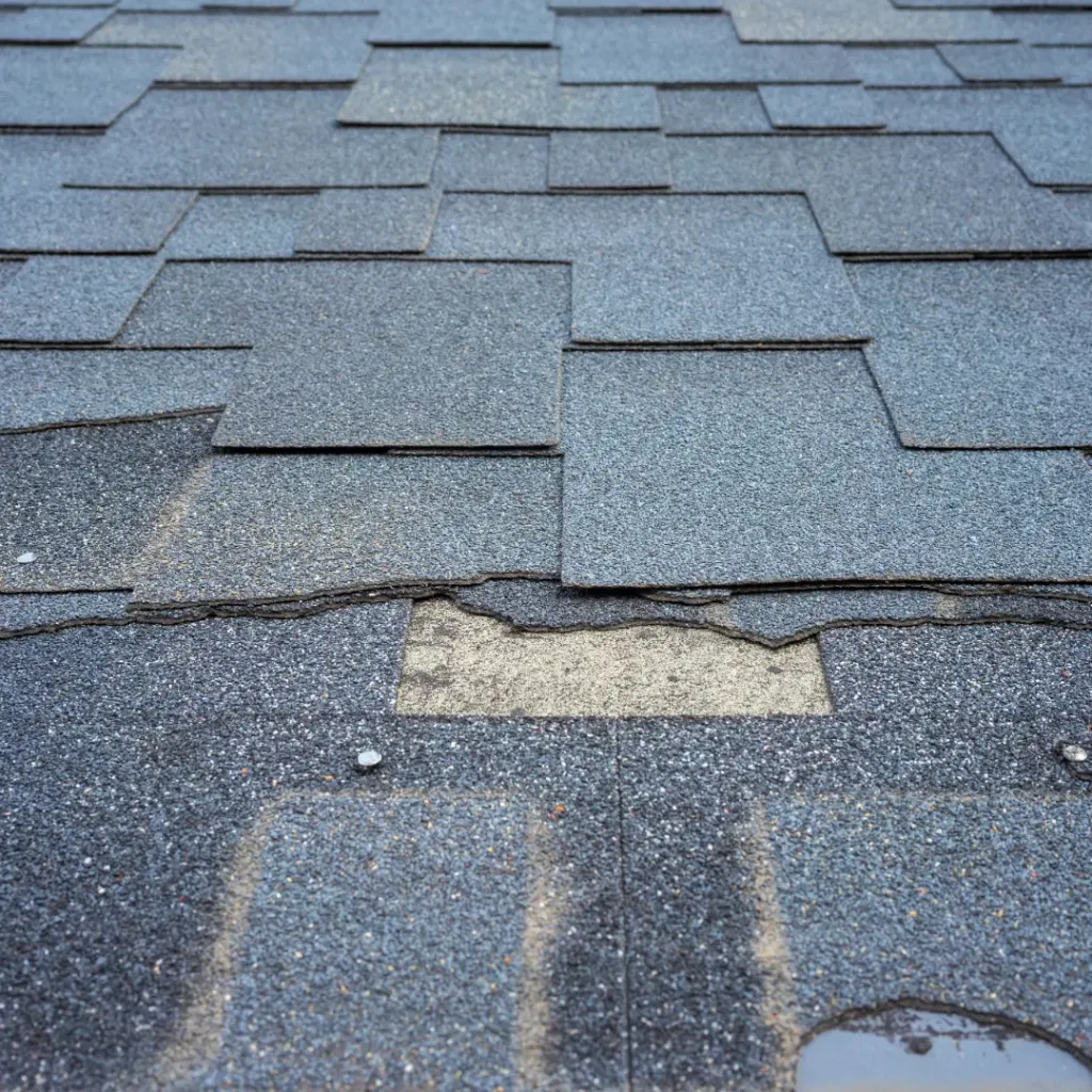 Broken and torn shingles in need of roof repair in Sacramento